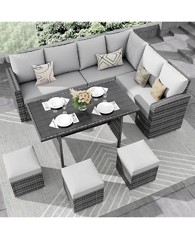 gaomon 7-Piece Outdoor Wicker Sectional Dining Set with Cushions and Storage