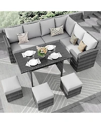 gaomon 7-Piece Outdoor Wicker Sectional Dining Set with Cushions and Storage