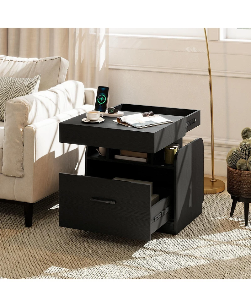Gymax 2-Piece Nightstand with Charging Station Drawer Sliding Top Storage Tray Open Shelves
