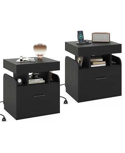 Gymax 2-Piece Nightstand with Charging Station Drawer Sliding Top Storage Tray Open Shelves