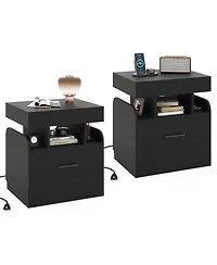 Gymax 2-Piece Nightstand with Charging Station Drawer Sliding Top Storage Tray Open Shelves