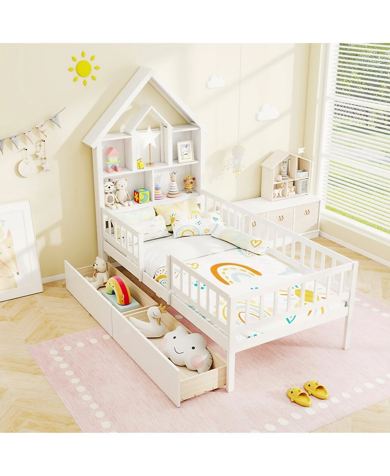 Gouun House Bed Kids Montessori Bed with House-Shaped Storage Headboard