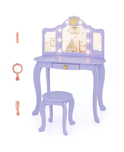 Gouun Kids Vanity Set with Led Tri-Fold Mirror, Detachable Top and Stool