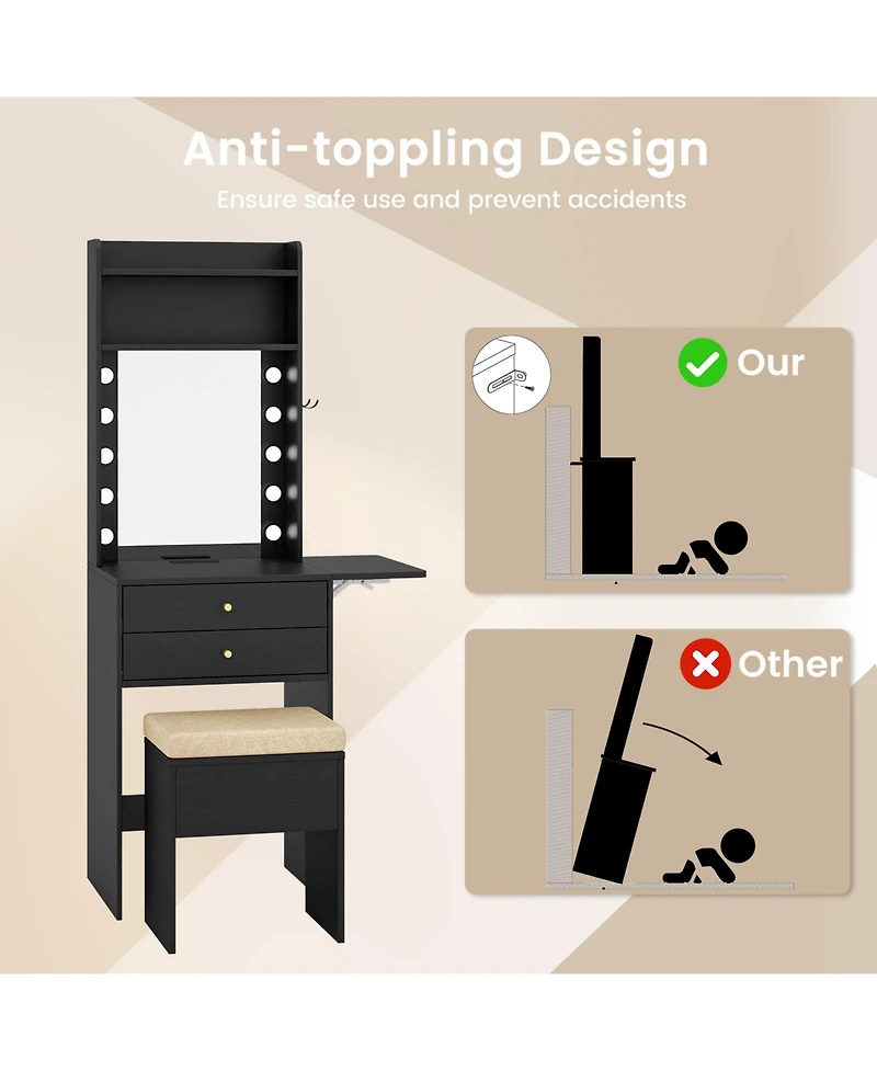 Gouun Compact Vanity Desk Set with 3-Color Lighted Mirror, Power Outlets and Stool