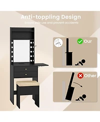 Gouun Compact Vanity Desk Set with 3-Color Lighted Mirror, Power Outlets and Stool