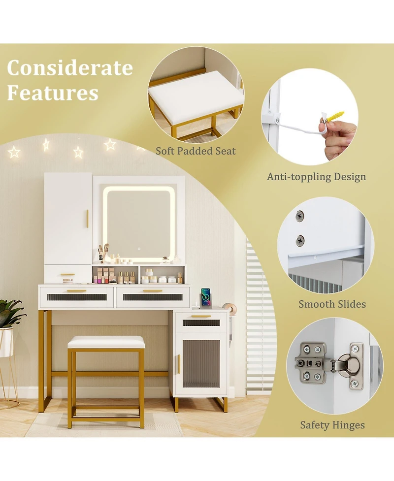 Gouun 44 in Makeup Vanity Desk and Stool Set with Lighted Mirror and Charging Station