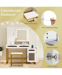 Gouun 44 in Makeup Vanity Desk and Stool Set with Lighted Mirror and Charging Station