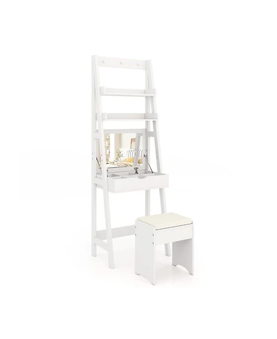 Gouun Flip Top Vanity Desk Set with Hidden Storage and Cushioned Stool