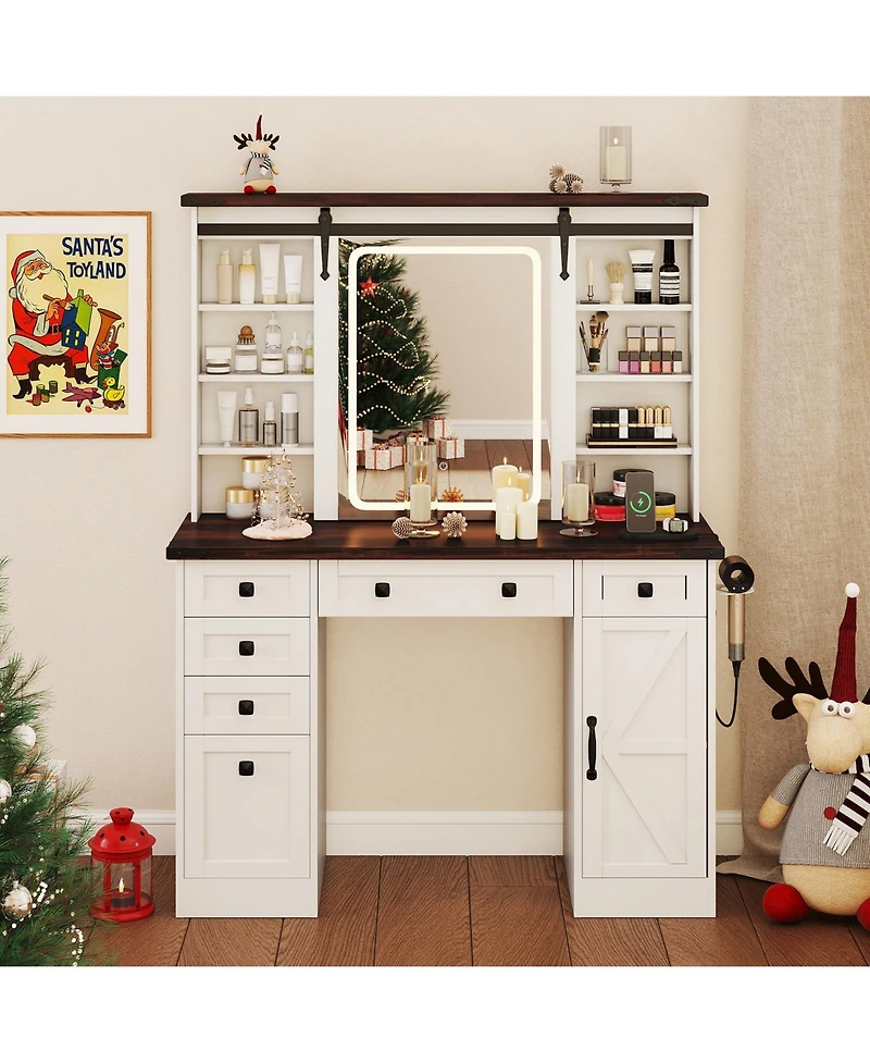 Gouun Farmhouse Vanity Desk with Barn-Style Sliding Mirror and 3 Lighting Modes
