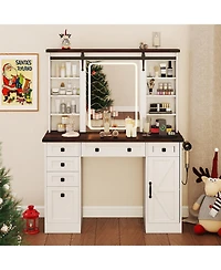 Gouun Farmhouse Vanity Desk with Barn-Style Sliding Mirror and 3 Lighting Modes