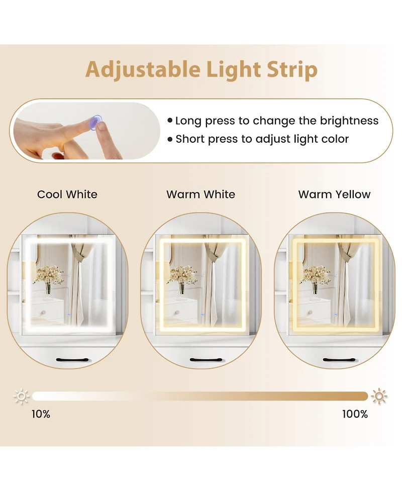 Gouun Vanity Desk with Sliding Mirror, Led Lights, 4 Drawers and Chair Set