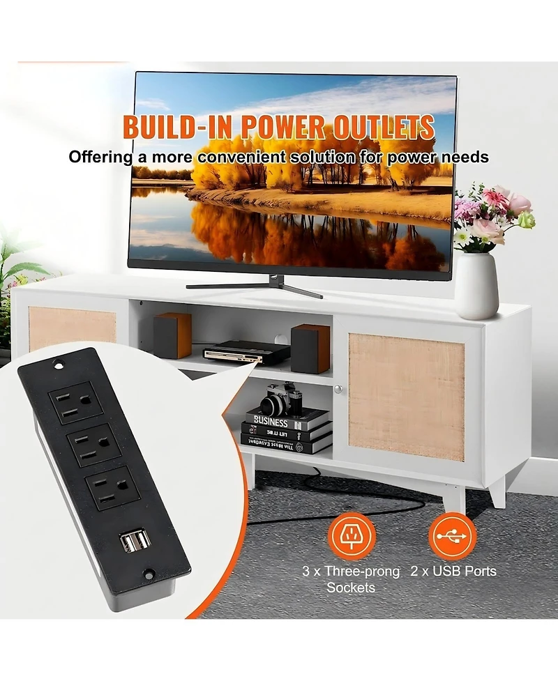 Gouun Boho Rattan Door 66-Inch Tv Stand with Built-In Power Outlets