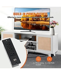 Gouun Boho Rattan Door 66-Inch Tv Stand with Built-In Power Outlets