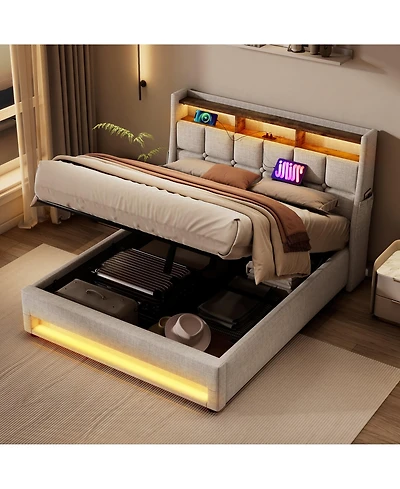 Lucky One Upholstered Platform bed with a Hydraulic Storage System, Led and Usb Charging
