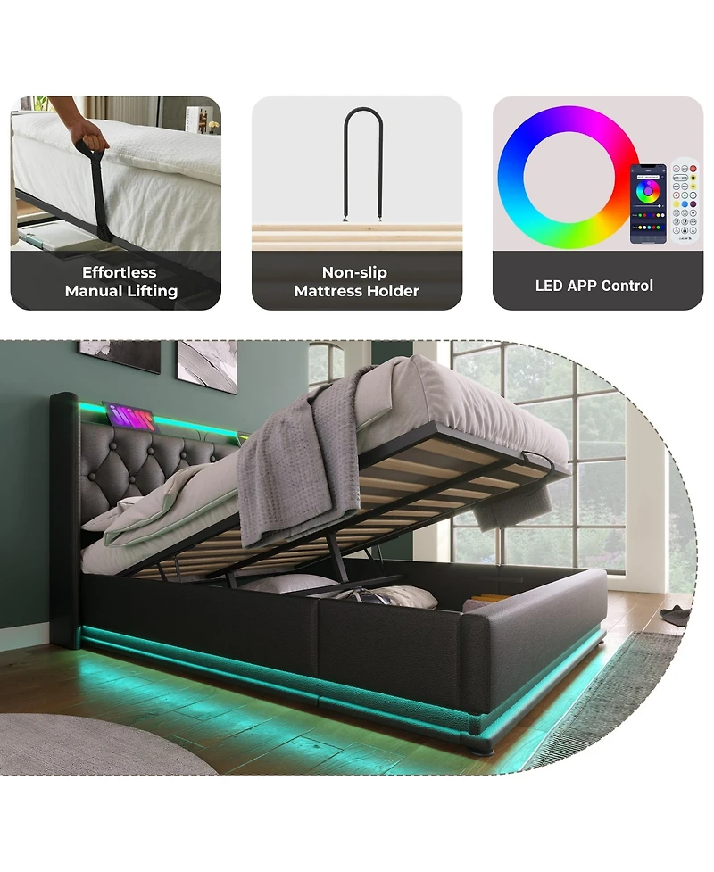 Lucky One Queen Upholstered 360 Surround Led Light App & Remote Control Platform Bed Frame
