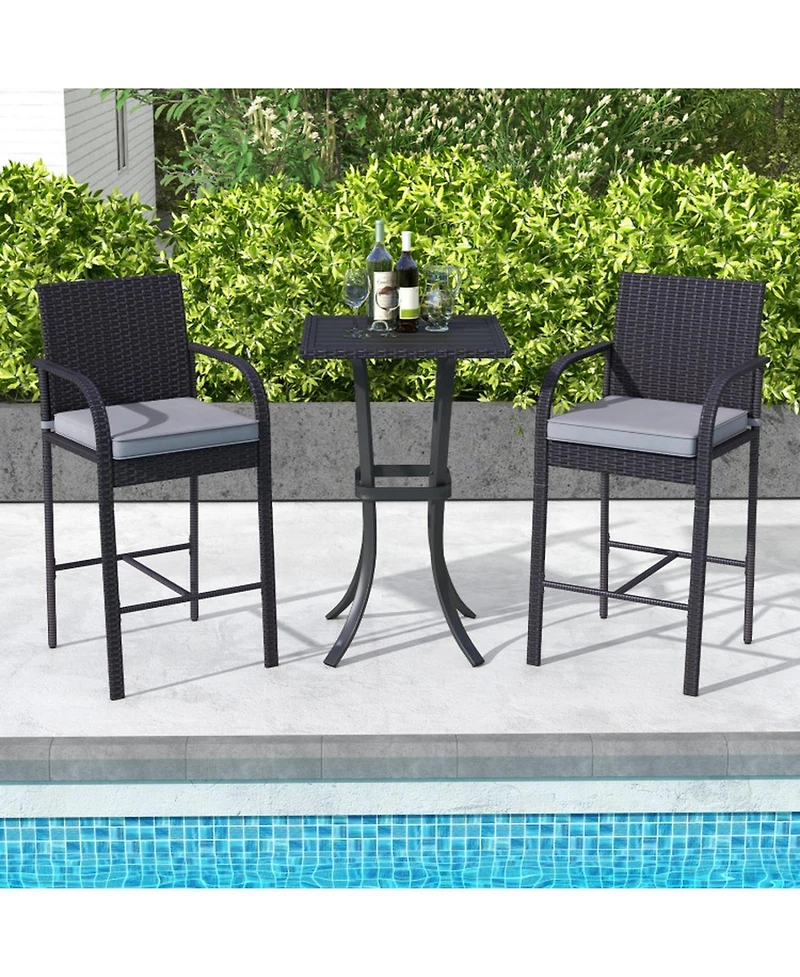 Gouun 3-Piece Wicker Bar Height Patio Set with Cushioned Stools and Square Table
