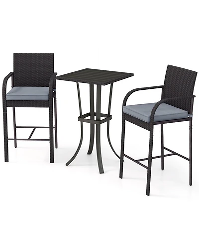 Gouun 3-Piece Wicker Bar Height Patio Set with Cushioned Stools and Square Table