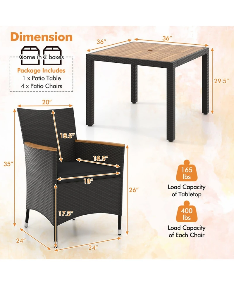 Gouun 5-Piece Patio Dining Set with Acacia Wood Table, Rattan Chairs, Cushions and Umbrella Hole