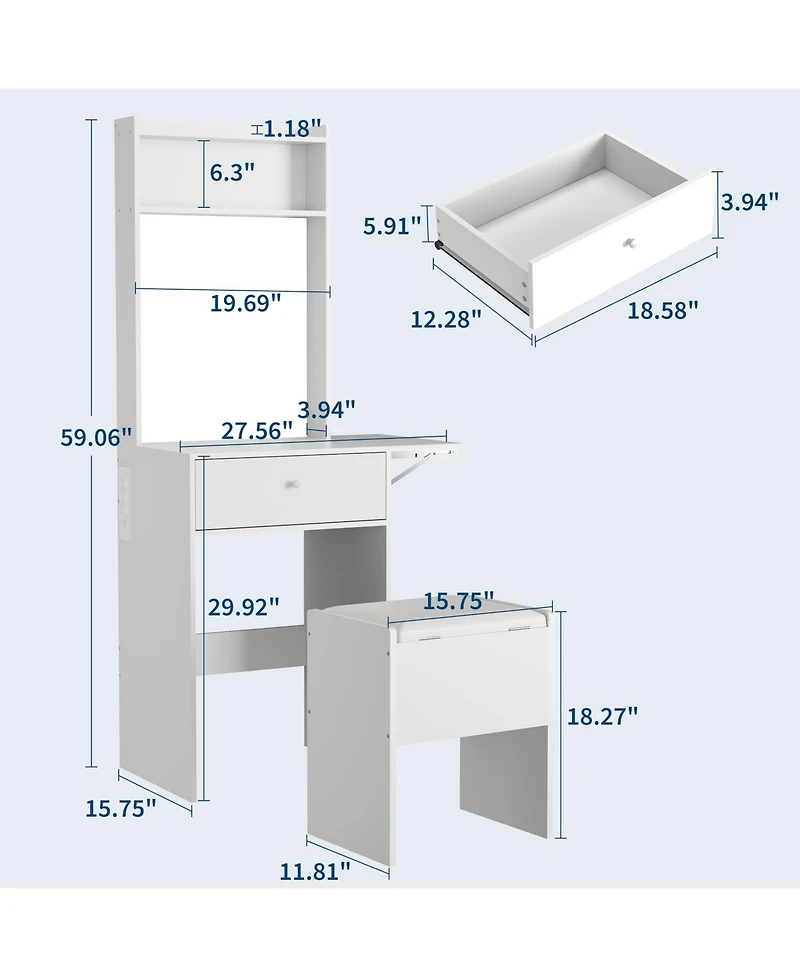 Homfan Makeup Vanity Desk with Smart Led Mirror and Power Station, Small Vanity Desk with with Fold-up Panel, Storage Chair and Open Shelves