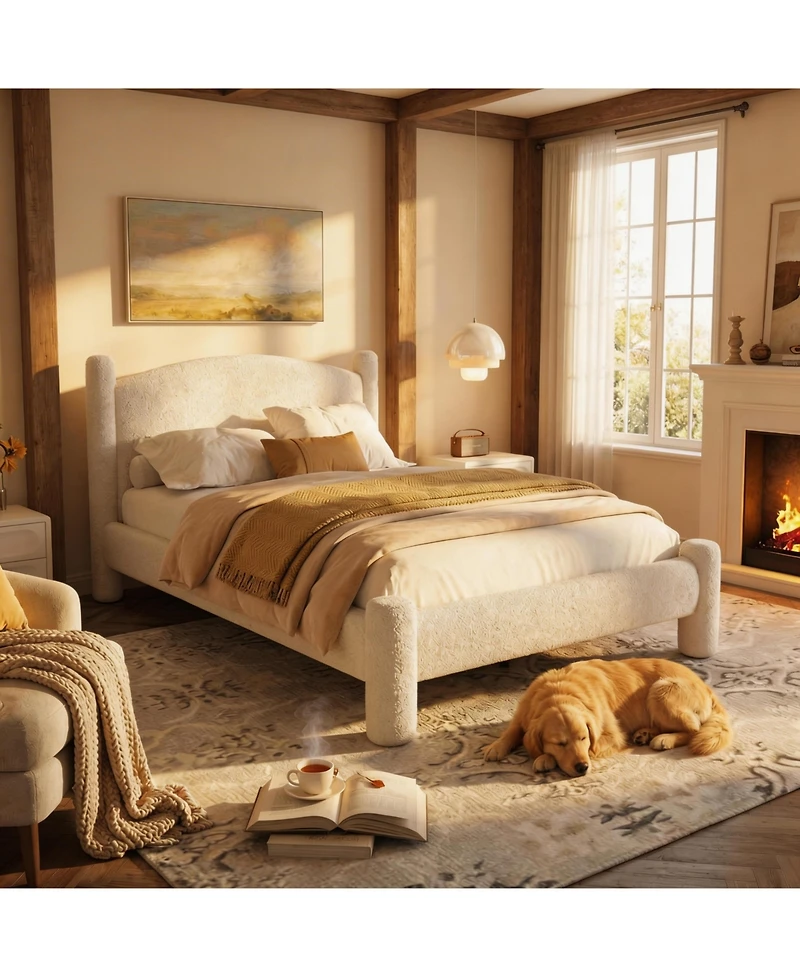 Homfan Boucle Bed Frame, Upholstered Platform Cloud Bed with Soft Round Headboard, Heavy Duty and Noise Free, No Box Spring Needed