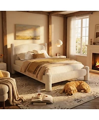 Homfan Boucle Bed Frame, Upholstered Platform Cloud Bed with Soft Round Headboard, Heavy Duty and Noise Free, No Box Spring Needed