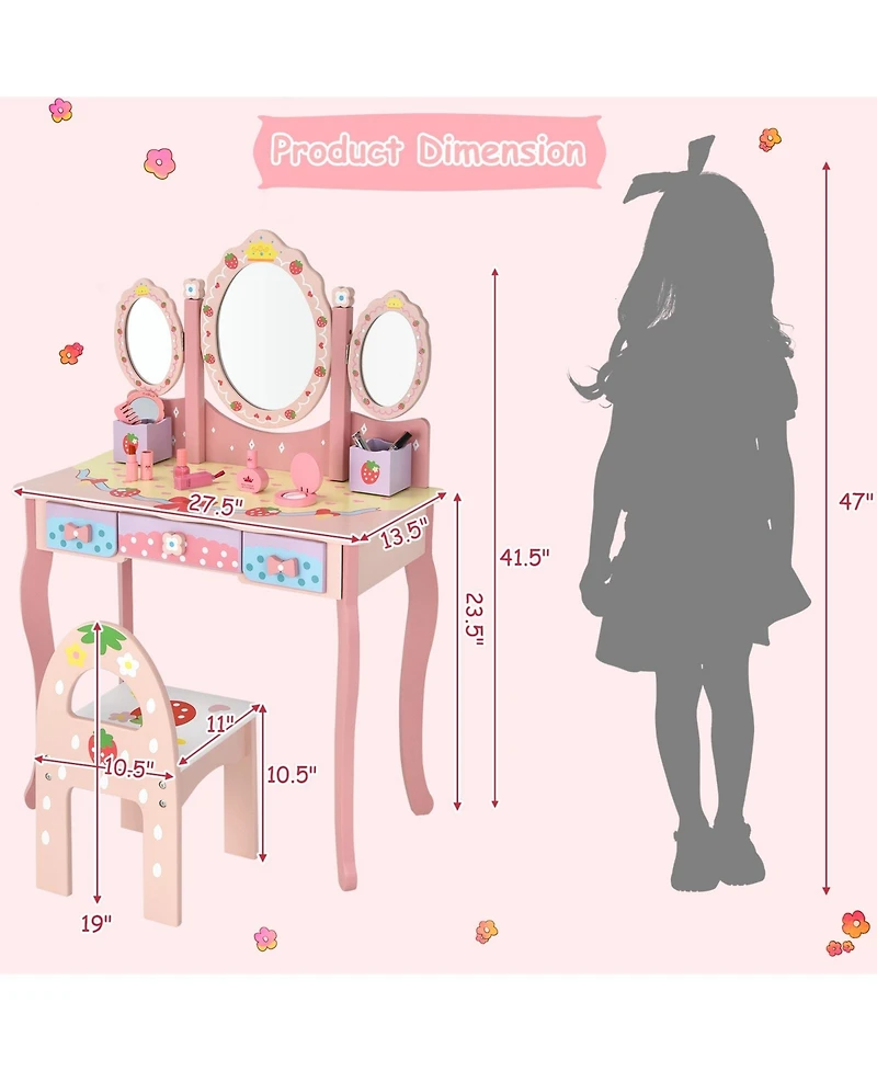 Gouun Kids Tri-Fold Mirror Vanity Table and Chair Set with 3 Drawers