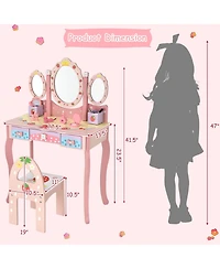 Gouun Kids Tri-Fold Mirror Vanity Table and Chair Set with 3 Drawers