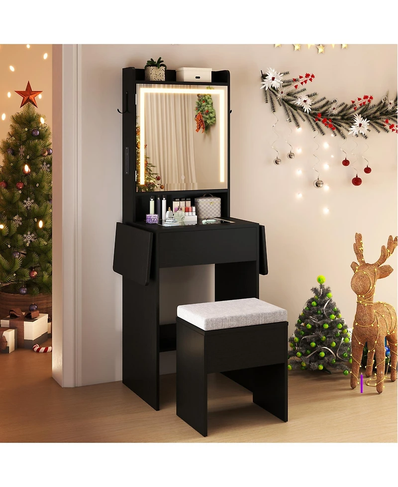Gouun Space-Saving Vanity Desk with Led Mirror, Drop-Leaf Extension and Stool