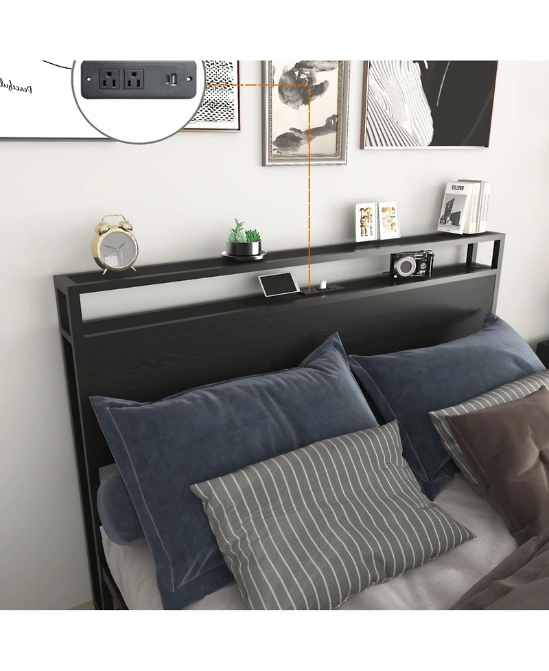 Lucky One Full Bed Frame, Storage Headboard with Charging Station, Solid and Stable, Noise Free