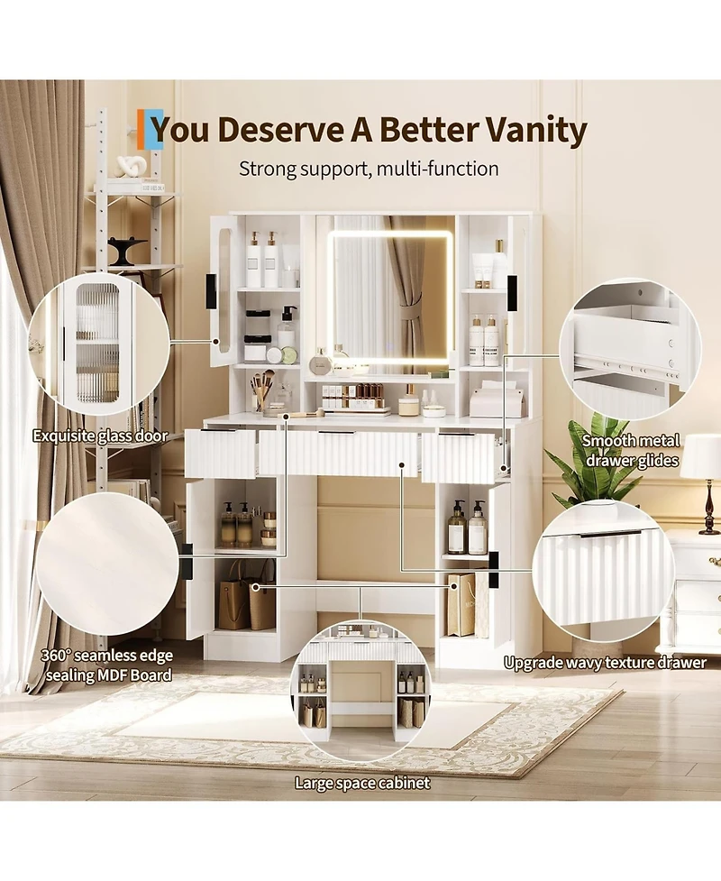 Homfan Vanity Desk with Mirror and Adjustable Led Lights, 2 Glass Cabinets, Spacious 3 Wavy Drawers, Makeup Dressing Table for Bedroom