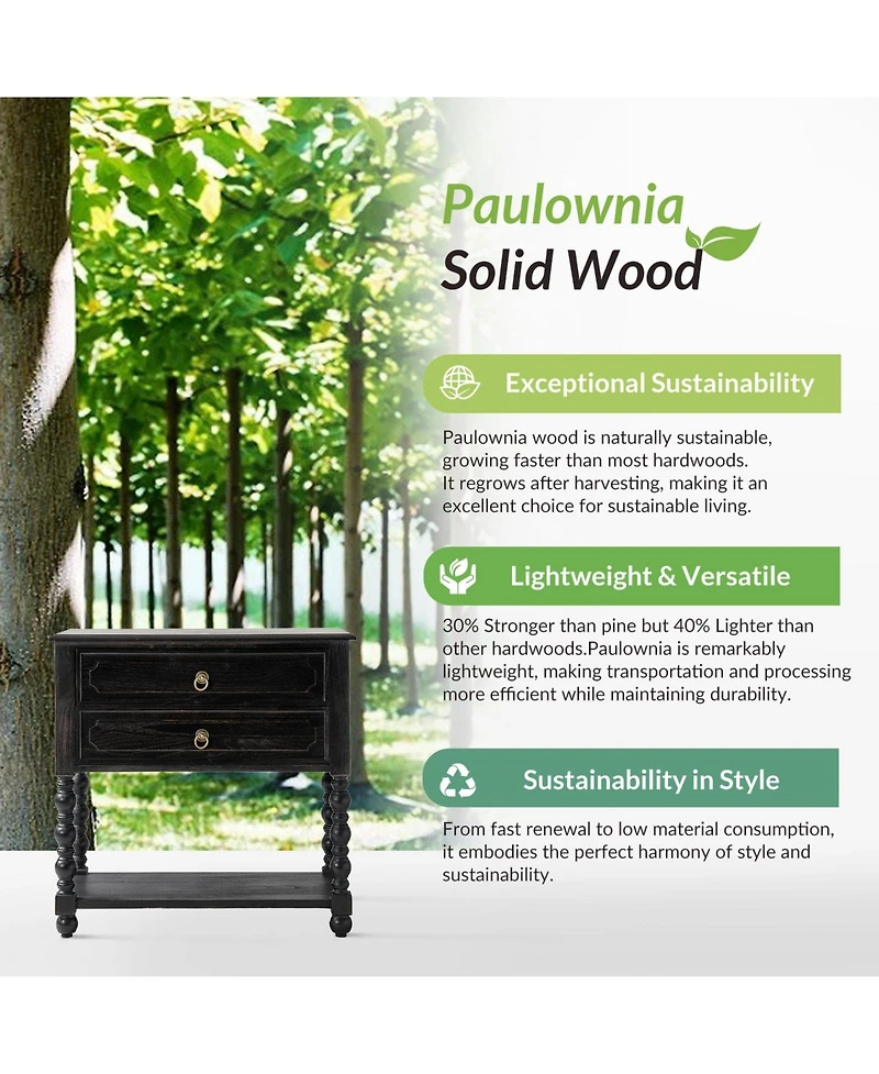 Hulala Home Aristidh Traditional 30"Tall Solid Wood 2-Drawer End Table with Built-in Charging Outlets
