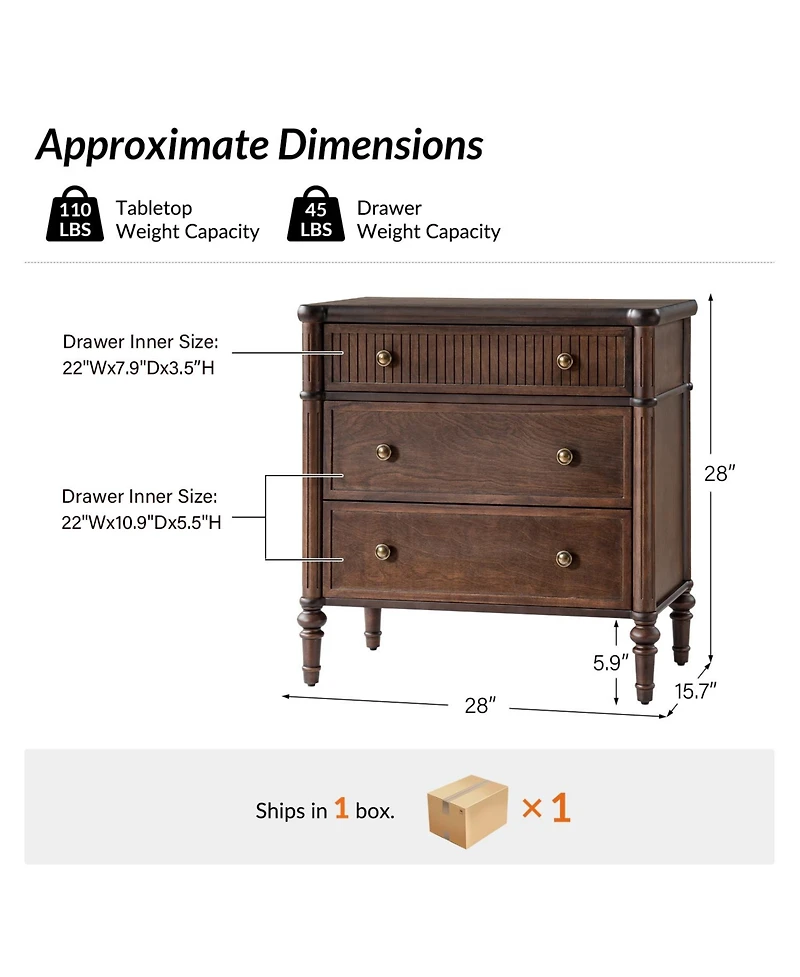 Hulala Home Kaybri Transitional 28"W 3-Drawer Fluted Solid End Table with Built-in Power Outlets