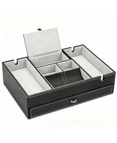 Yigii 2 Layer Faux Leather Valet Tray Nightstand Organizer Catch All for Phone Wallet Keys Dresser Top Storage
