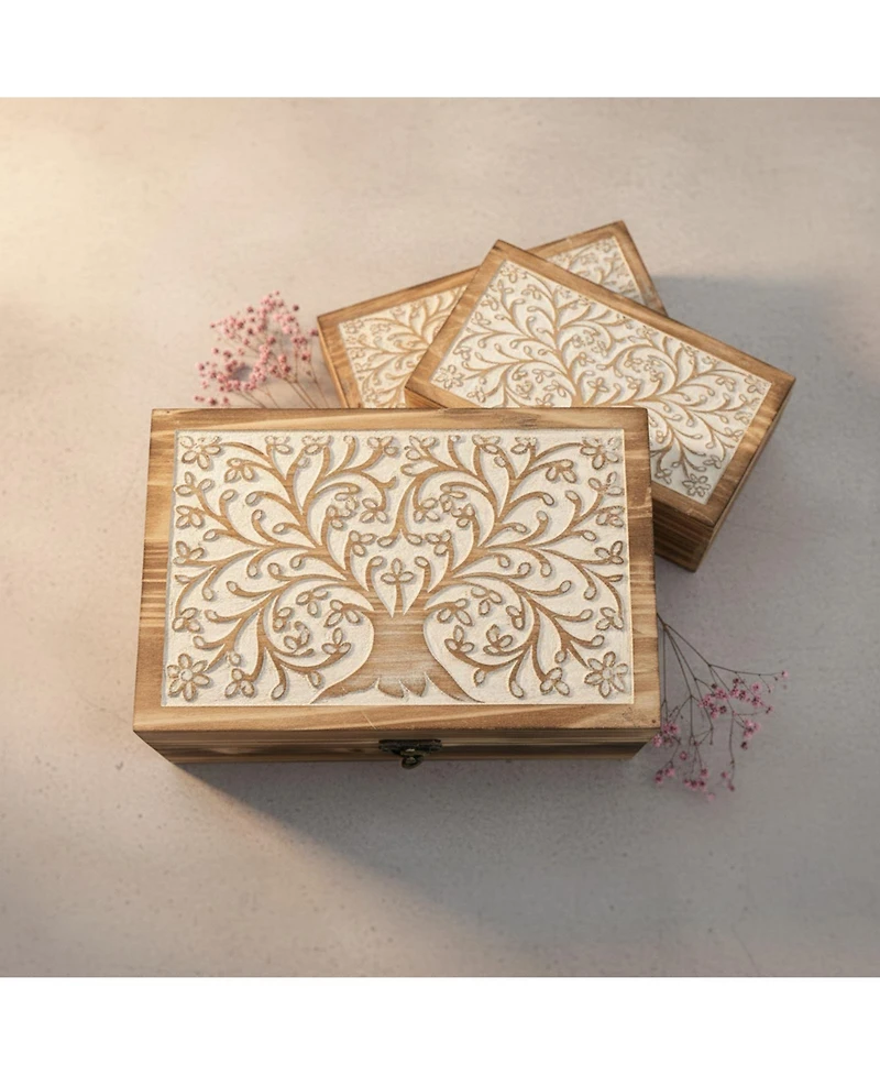 Yigii 3 Piece Tree Of Life Carved Wooden Keepsake Boxes Decorative Storage Trinket Memorabilia