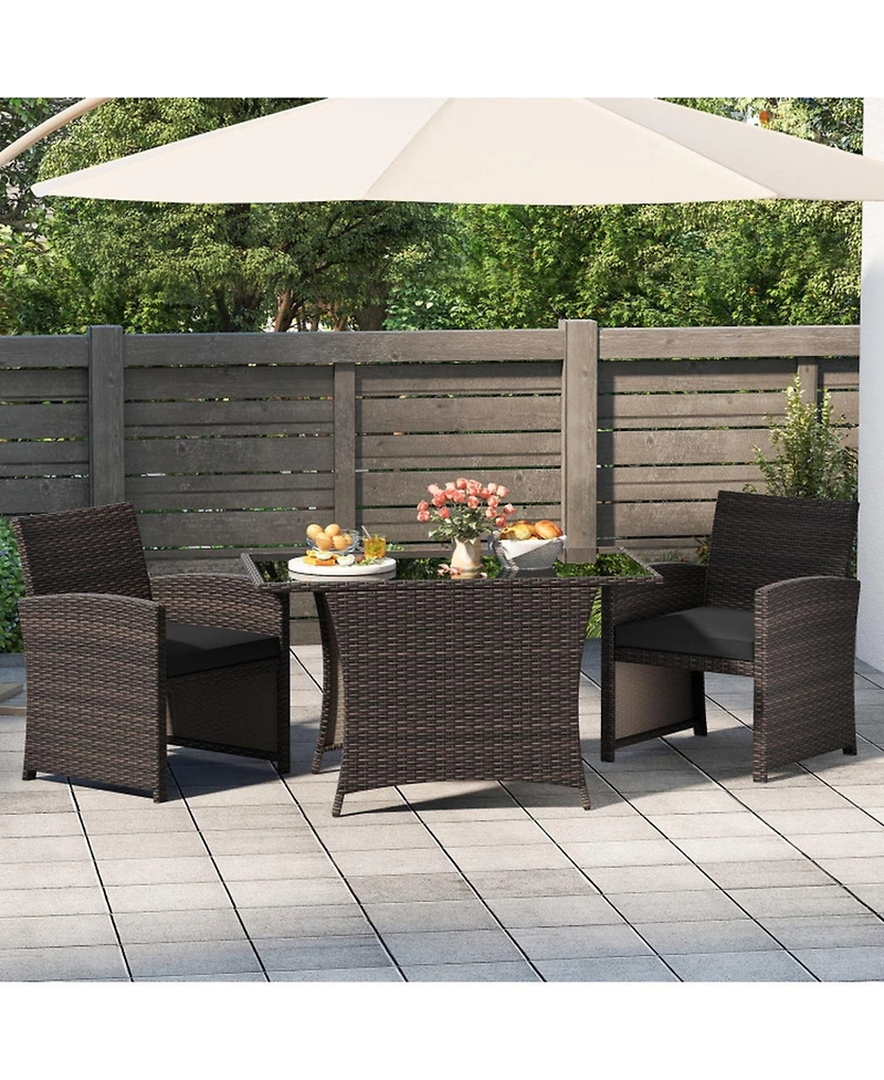 Gouun 3-Piece Patio Wicker Dining Set with Tempered Glass Table and 2 Cushioned Chairs