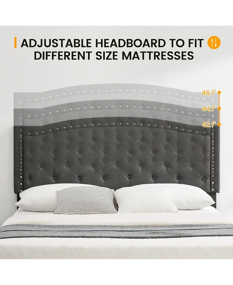 Homfan Queen Size Bed Frame with Adjustable Headboard, Upholstered Platform Bed with Wooden Slat