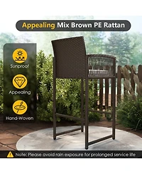 Gouun Pe Wicker 3-Piece Patio Bar Set with Round Tempered Glass Table and Cushioned Armchairs