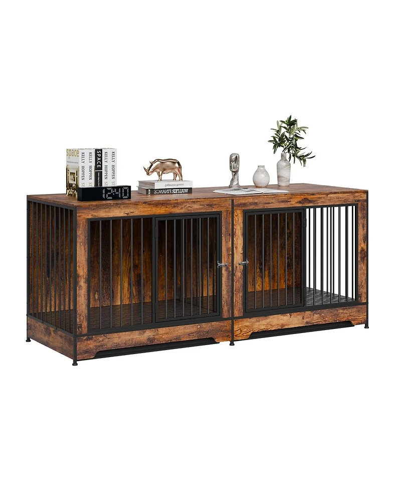 6thdruple 74" Dog House Kennel Table, Double Door Indoor Crate with Divider and Removable Trays
