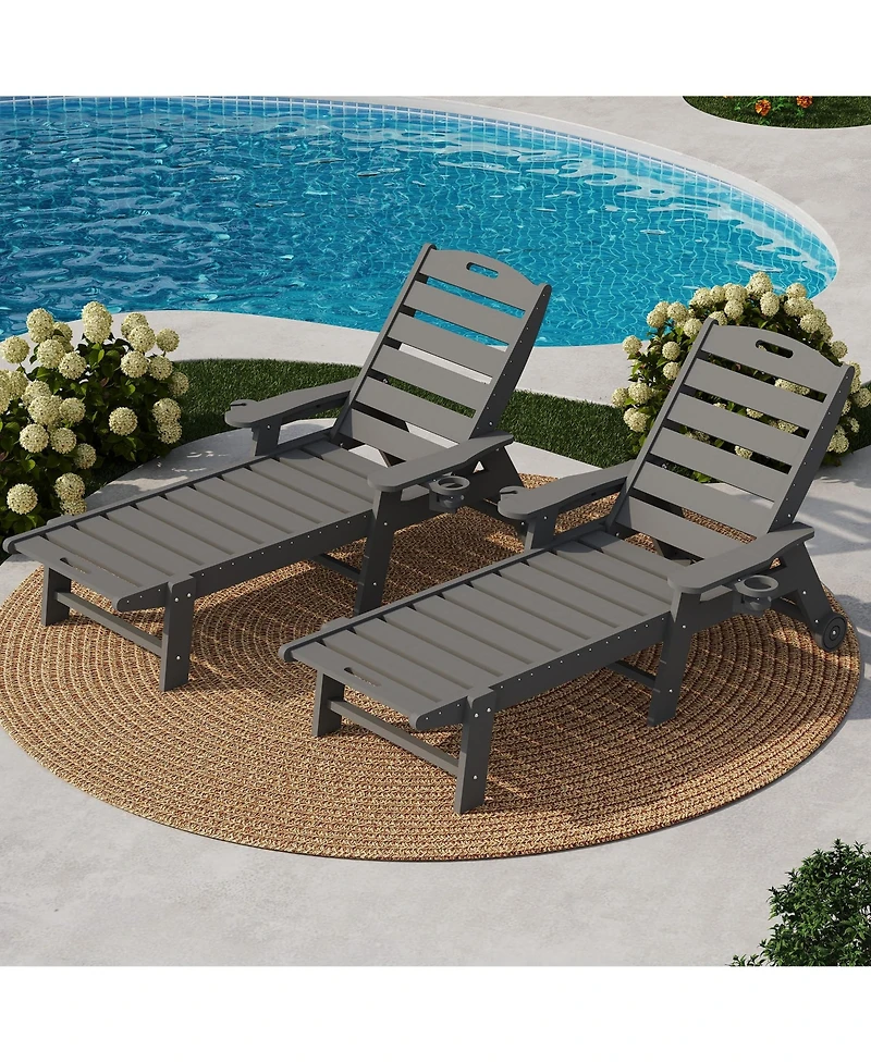 Homfan Hdpe 5-Position Outdoor Chaise Lounge Chair with Cup Holder and Wheels Set of 2, Resin Pool Lounger for Patio, Garden