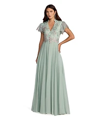 Mac Duggal Women's Embroidered Top Chiffon Skirt Ruffle Sleeve Gown