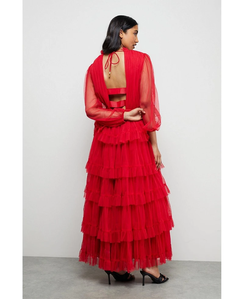 Warehouse Women's Ruffle Neck Tulle Maxi Dress