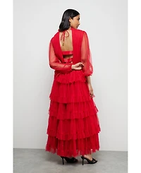 Warehouse Women's Ruffle Neck Tulle Maxi Dress