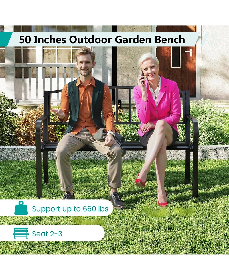 Sugift 50 in Outdoor Garden Bench with Slatted Back and Curved Armrests