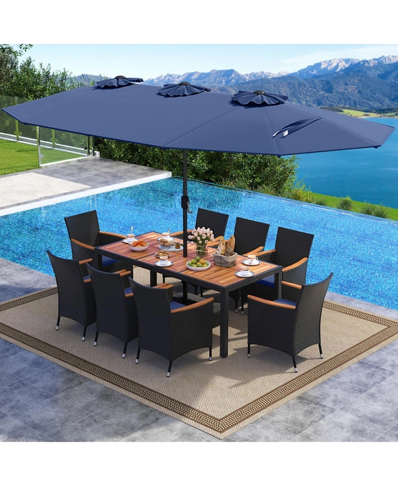 Gouun 10-Piece Patio Dining Set with 15 ft Double-Sided Umbrella, Table and 8 Cushioned Chairs