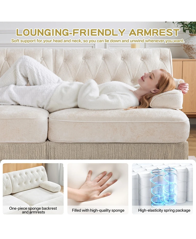 Rainsken Velvet Loveseat Sofa, Mid-Century Upholstered Couch with Button Tufted Design and Floor-grazing Tassel Fringe Skirt for Living Room