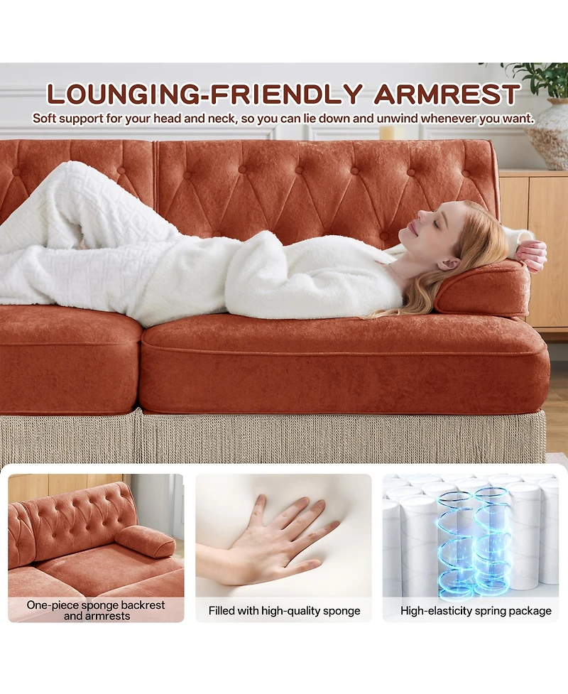 Rainsken Velvet Loveseat Sofa, Mid-Century Inspired Upholstered Couch with Button Tufted Back and Floor-Grazing Tassel Skirt Living Room