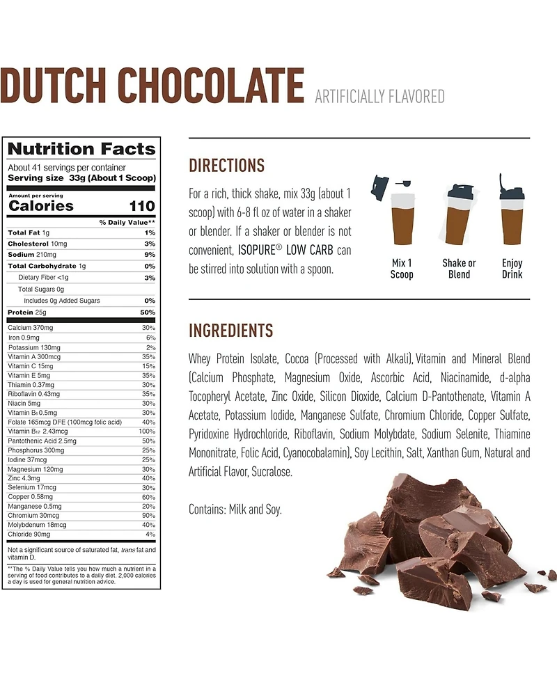 Isopure Low Carb Pure Whey Isolate Protein Powder, Lactose Free, Gluten Free, Vitamins, Dutch Chocolate, 25g Protein Per Serving, 41 Servings