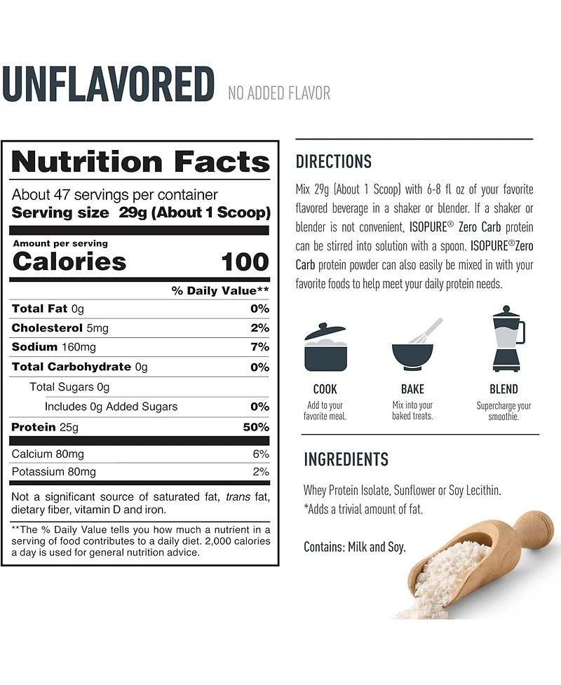 Isopure, Zero Carb Whey Protein Isolate, 25g Protein Powder, Unflavored, 3 lb, 47 Servings