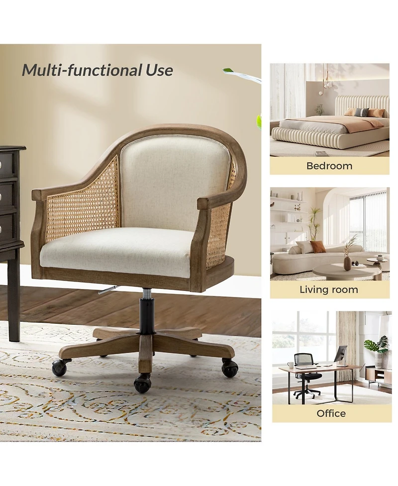Hulala Home Ackeron Farmhouse Rattan Upholstered Office Task Chair with Solid Wood Arms