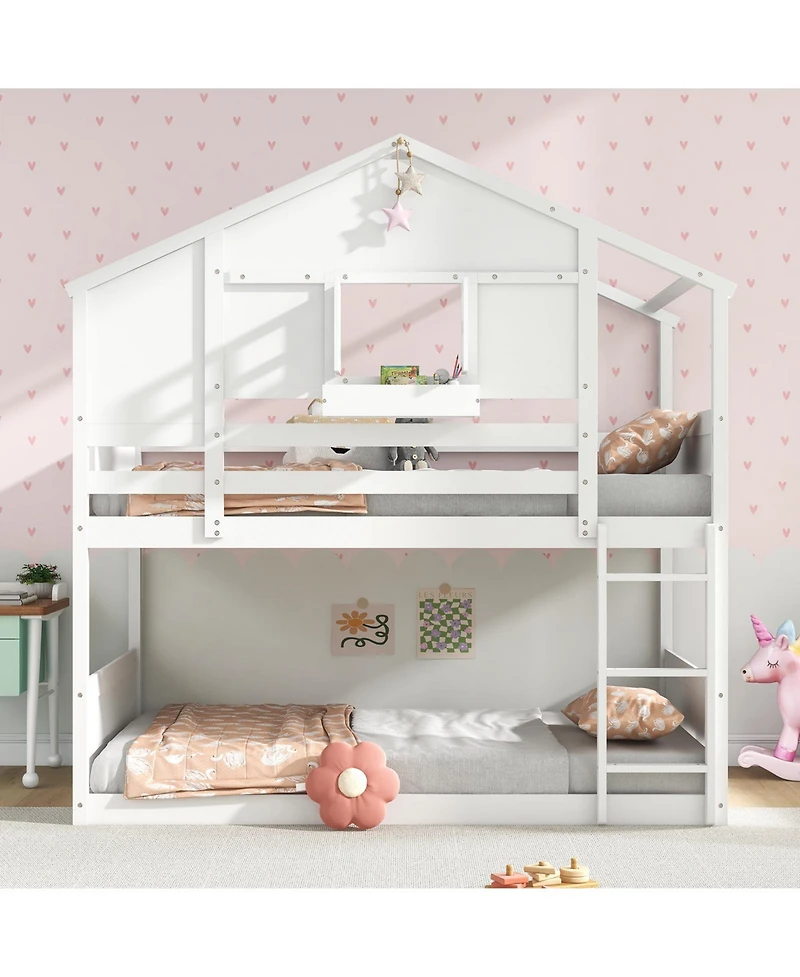 Gouun Twin Over Twin House-Shaped Bunk Bed with Roof, Lockable Window and Storage